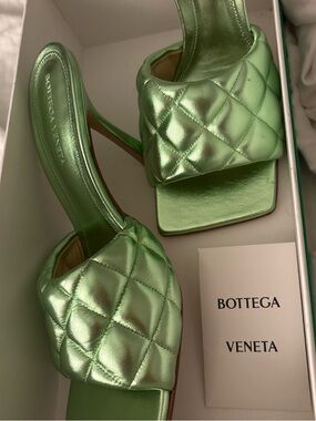 Authentic Bottega Veneta Women’s Quilted Metallic Green Slide Heels